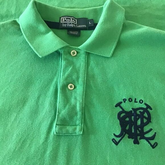 Polo By Ralph Lauren Lrge Green Pique Polo Shirt Navy Polo Crossed Mallets Crest - Picture 14 of 14